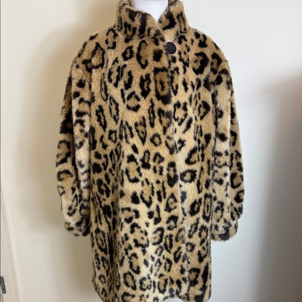Faux Fur Leopard Print Coat Vintage 80s Large XL